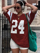 Solid Color Patchwork Crew Neck Short Sleeve Numeric Print Casual Top Graphic Tees