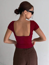 Solid Backless Crop Ribbed Knit Tee,Halter Top