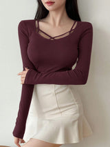 Hollow Out Design Ribbed T-Shirt