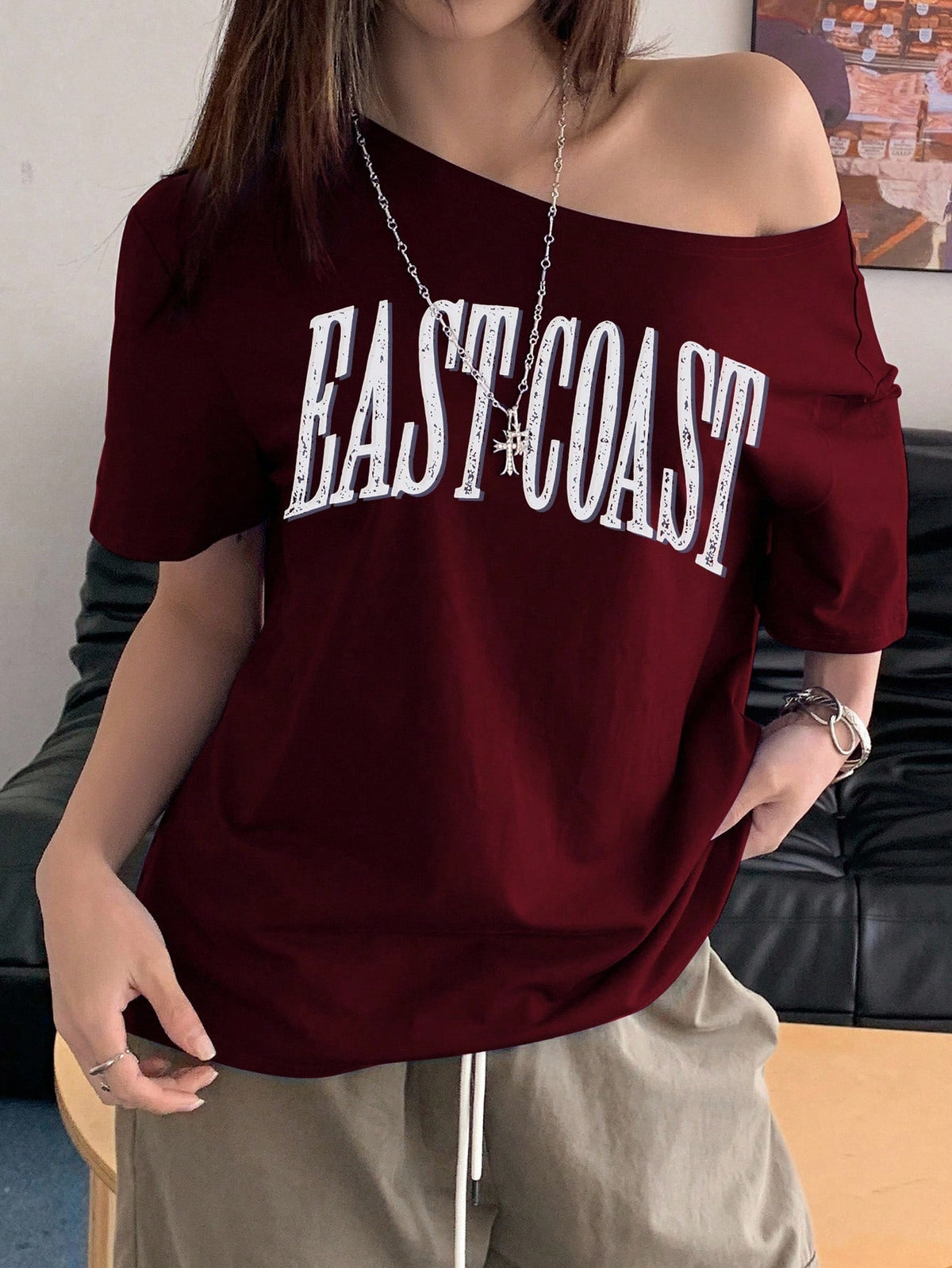 Women's Off-Shoulder Oversized Graphic T-Shirt