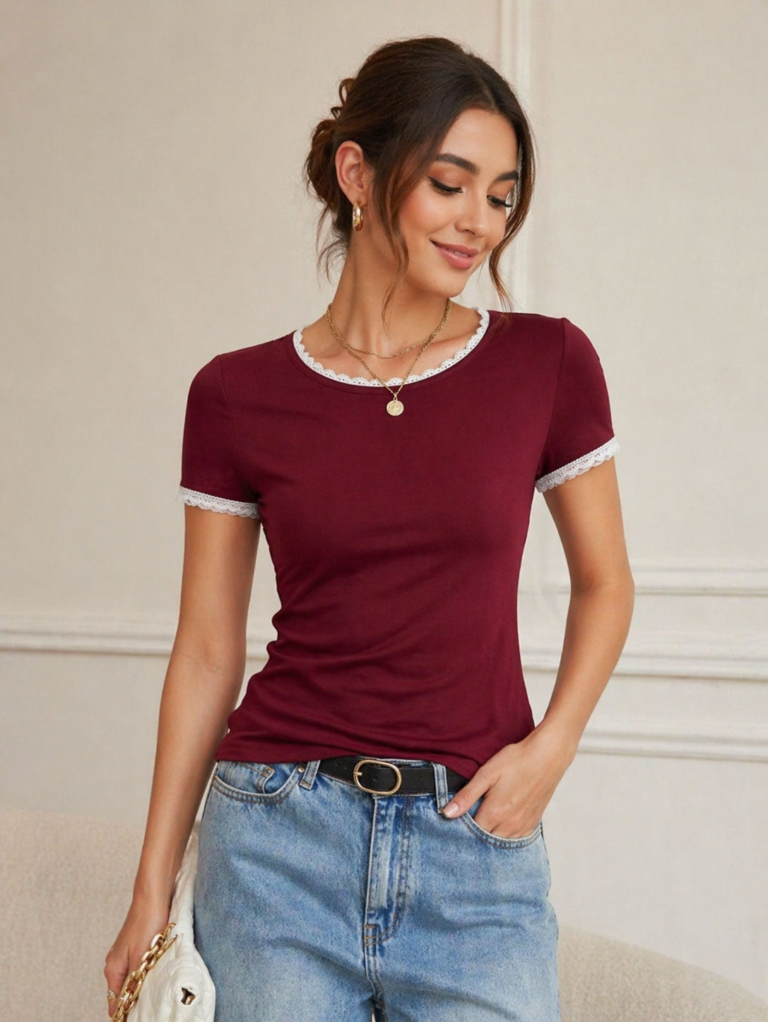 Scoop Neck Short Sleeve Lace Trim Short Top