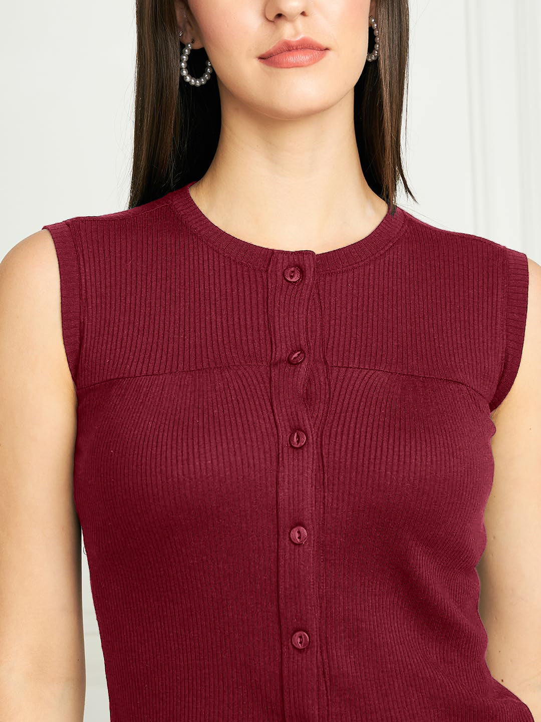 Rib-Knit Open Front Button Sleeveless Cropped Camisole Top