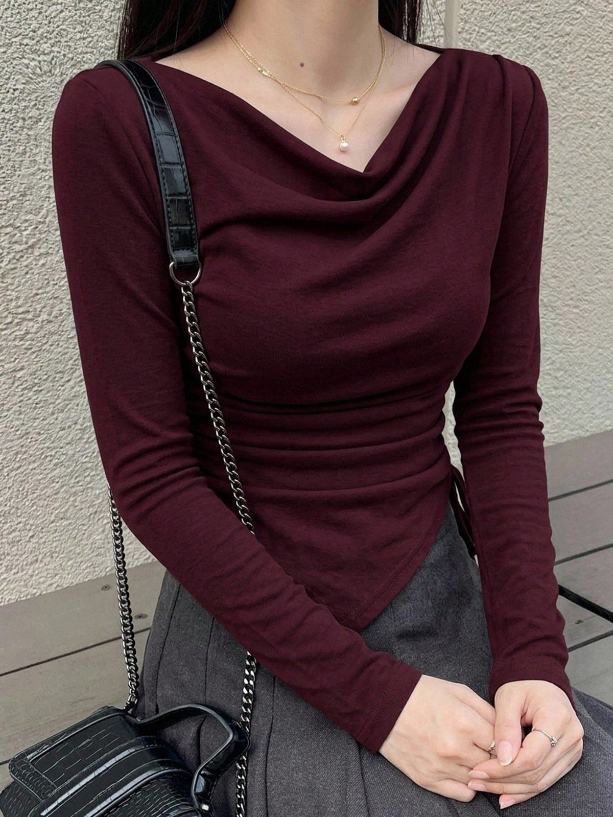 Women's Draped Cowl-Neck Side-Drawstring Long-Sleeve T-Shirt