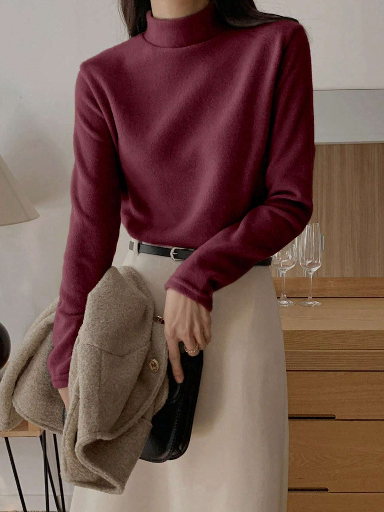 Stand Collar Solid Color T-Shirt Long Sleeve Women Tops