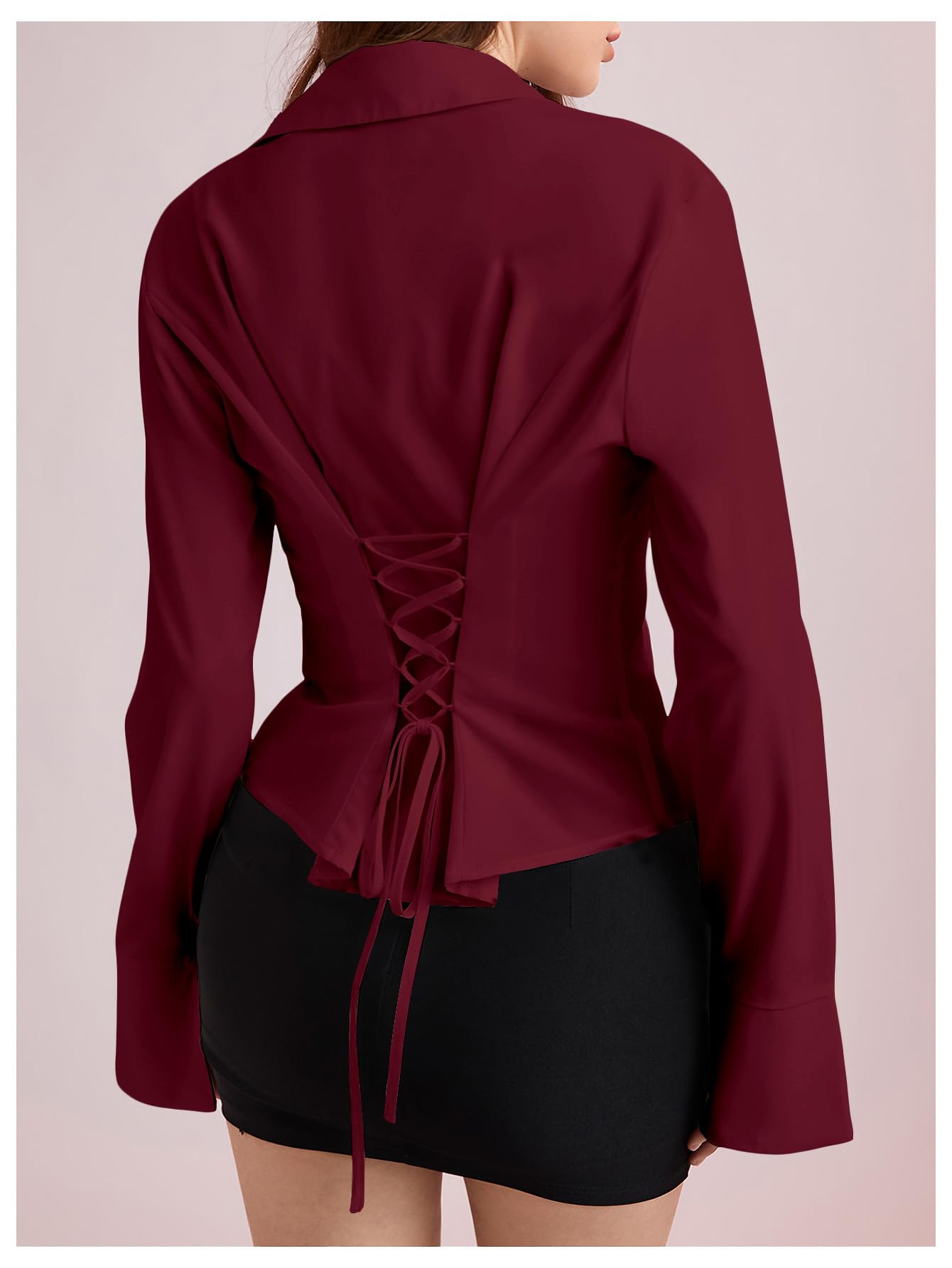 Women's Long Bell Sleeve Button Down Shirt Lace Up Back Princess Line Lapel Top