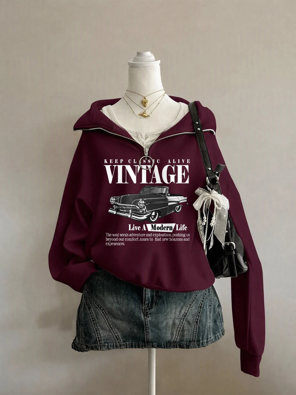 Women's Vintage Car-Print Half-Zip Raglan Sweatshirt