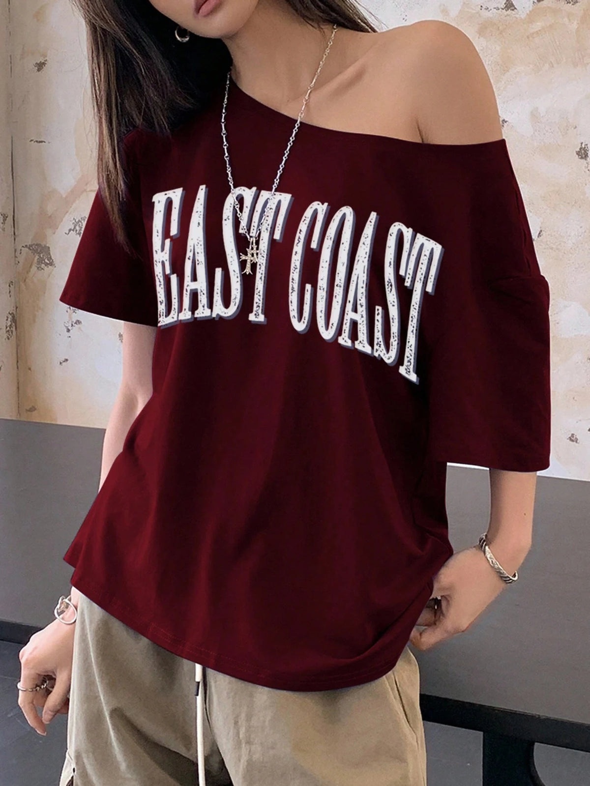 Women's Off-Shoulder Oversized Graphic T-Shirt