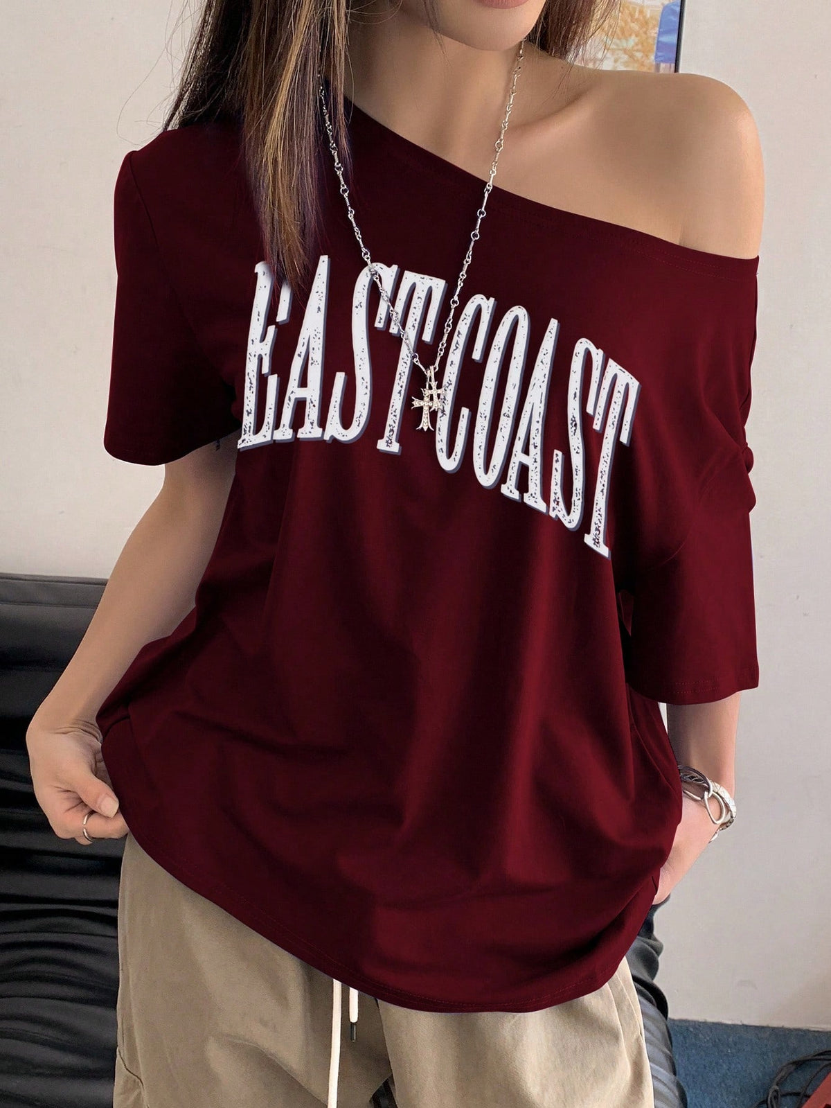 Women's Off-Shoulder Oversized Graphic T-Shirt