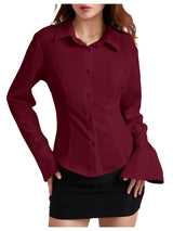 Women's Long Bell Sleeve Button Down Shirt Lace Up Back Princess Line Lapel Top