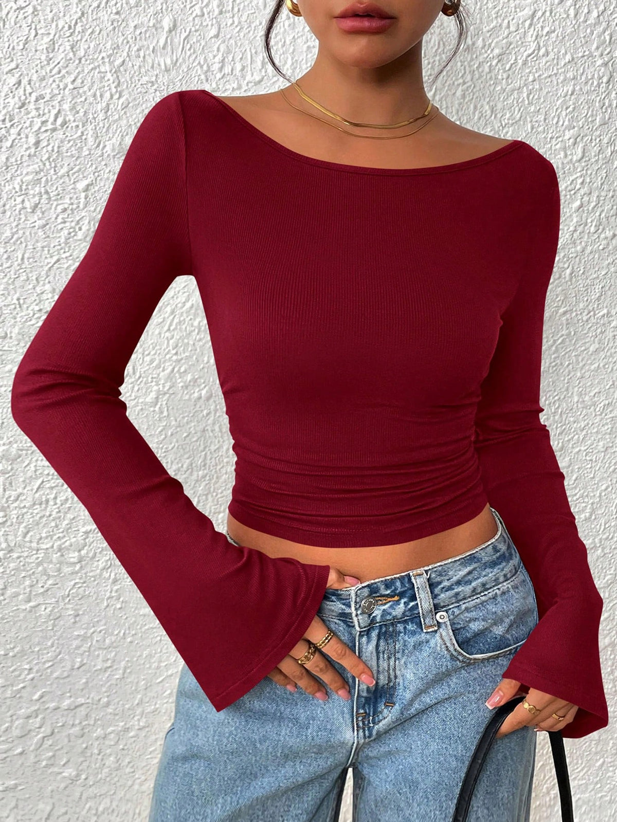 Women's Boat-Neck Ruched Bell-Sleeve Ribbed Crop Top