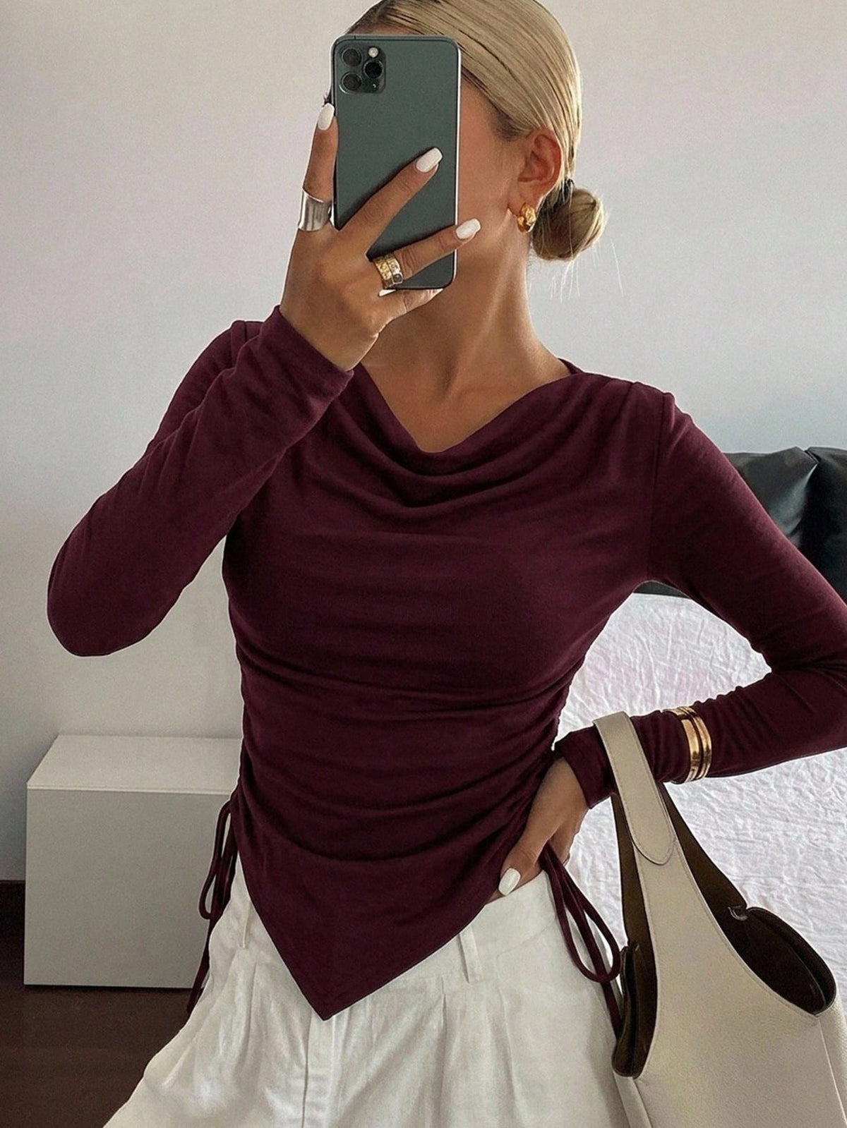 Women's Draped Cowl-Neck Side-Drawstring Long-Sleeve T-Shirt