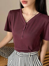 Less Solid Rib Knit Button Front Tee Old Money Style