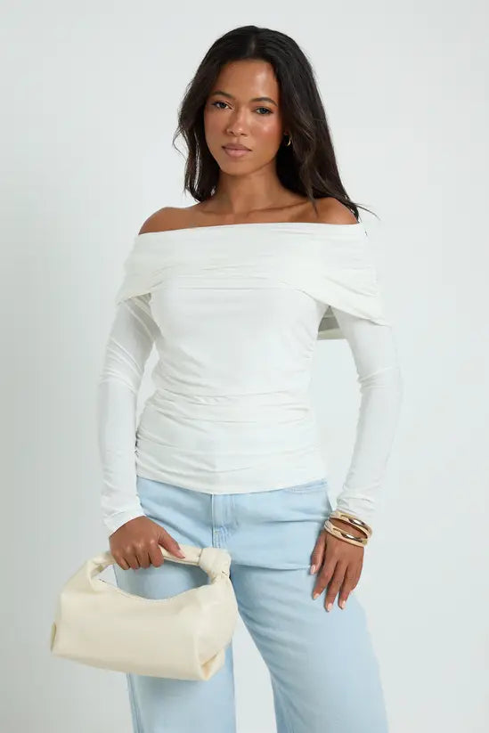 Women's Fold-Over Off-Shoulder Ruched Long-Sleeve Crop Top
