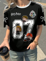 Casual Letter & Cartoon Graphic Round Neck Short Sleeve T-Shirt