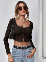 Neck Button Placket Rib-knit Tee