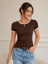 Scoop Neck Short Sleeve Lace Trim Short Top