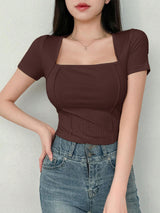 Women's Solid Color Swan Collar Short Sleeve T-Shirt
