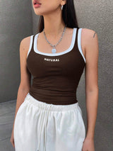 Letter Print Contrast Trim Tight Crop Tank Top With U-Neck For Women