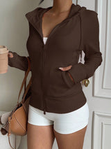 Casual Brown Hoodie Sweatshirt, Autumn/Winter Brown Long Sleeve Top