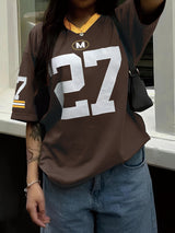 V-Neck Short Sleeve Casual Letter & Number Print Loose