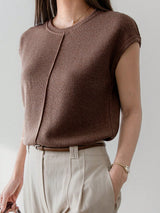 Loose Casual Knitted Solid Color Patchwork Short Sleeve Women T-Shirt