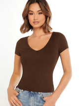V-Neck Short Sleeve Solid Color Slim Fit Casual Tee