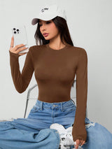 Solid Knit Stretch Fitted Black Bodysuit