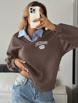 Letter & Stripe Print Patchwork Thermal Lined Sweatshirt