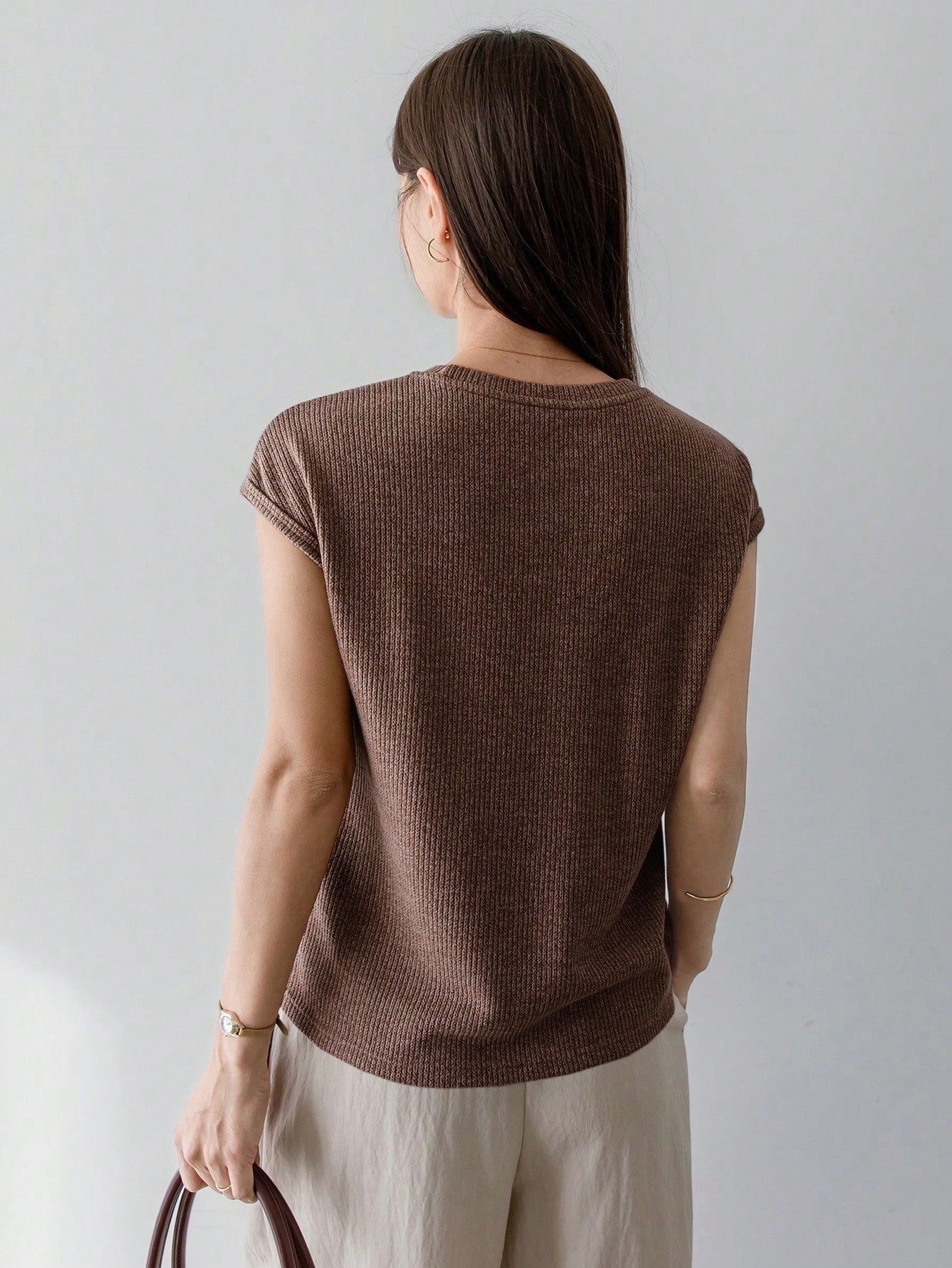 Loose Casual Knitted Solid Color Patchwork Short Sleeve Women T-Shirt