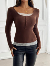 Round Neck 2 In 1 Lace Patchwork T-Shirt, Brown Velour Ribbed