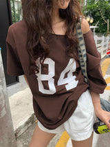 Numeric Print Asymmetric Collar Loose Casual T-Shirt, Summer Graphic Tees