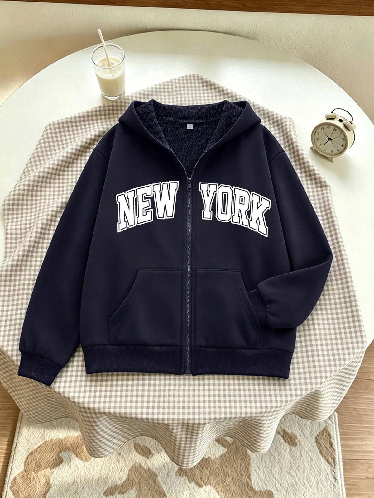 Women's NEW YORK Print Loose-Fit Zip-Up Hoodie