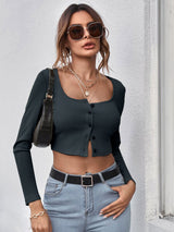 Neck Button Placket Rib-knit Tee
