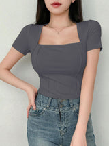 Women's Solid Color Swan Collar Short Sleeve T-Shirt