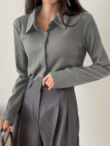 Ribbed Button-Up Shirt - Long Sleeve Collared Knit Blouse, Slim Fit Casual Top