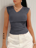 Solid Ruched V Neck Tee
