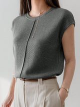 Loose Casual Knitted Solid Color Patchwork Short Sleeve Women T-Shirt
