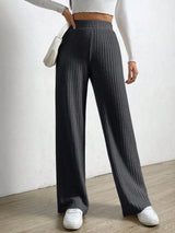 Solid Color High Waist Ribbed Straight Loose Casual Pants