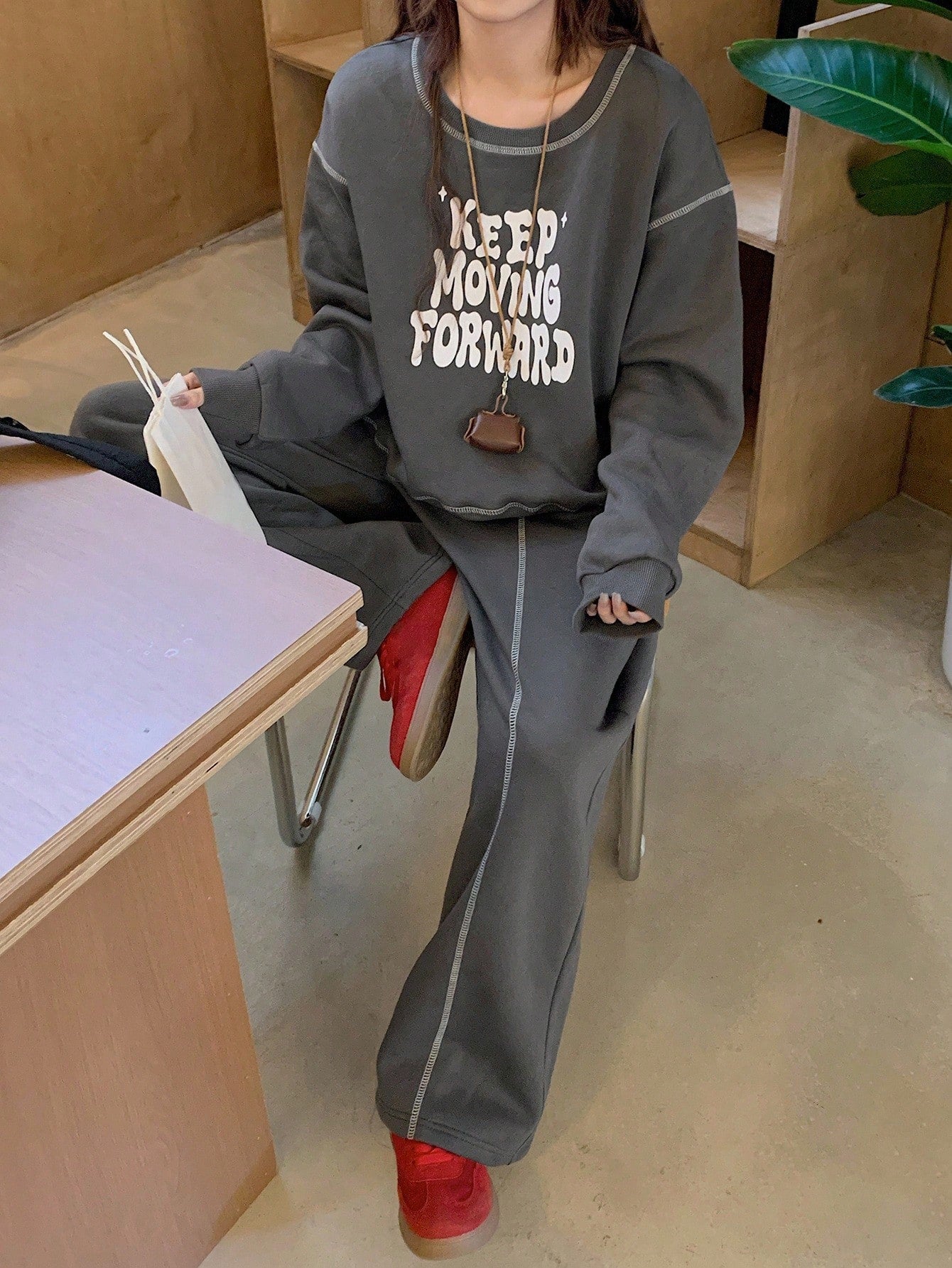 Casual Loose Long Sleeve Top And Drawstring Pants Set