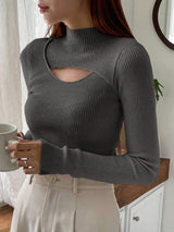 Stand Collar Long Sleeve Hollow Pullover Tops