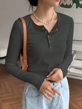 Ribbed Long Sleeve Henley Top - Button Neck Slim Fit Casual Tee