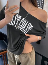 Off-Shoulder Short Sleeve Letter Printed Casual T-Shirt Graphic Tees Women Tops