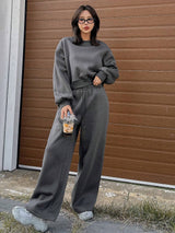 2pcs Women Solid Round Neck Hoodie And Wide Leg Pants Set, Fall Clothes