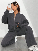 Street Style Camouflage Maple Leaf Print Zipper Sweatshirt & Pants Set