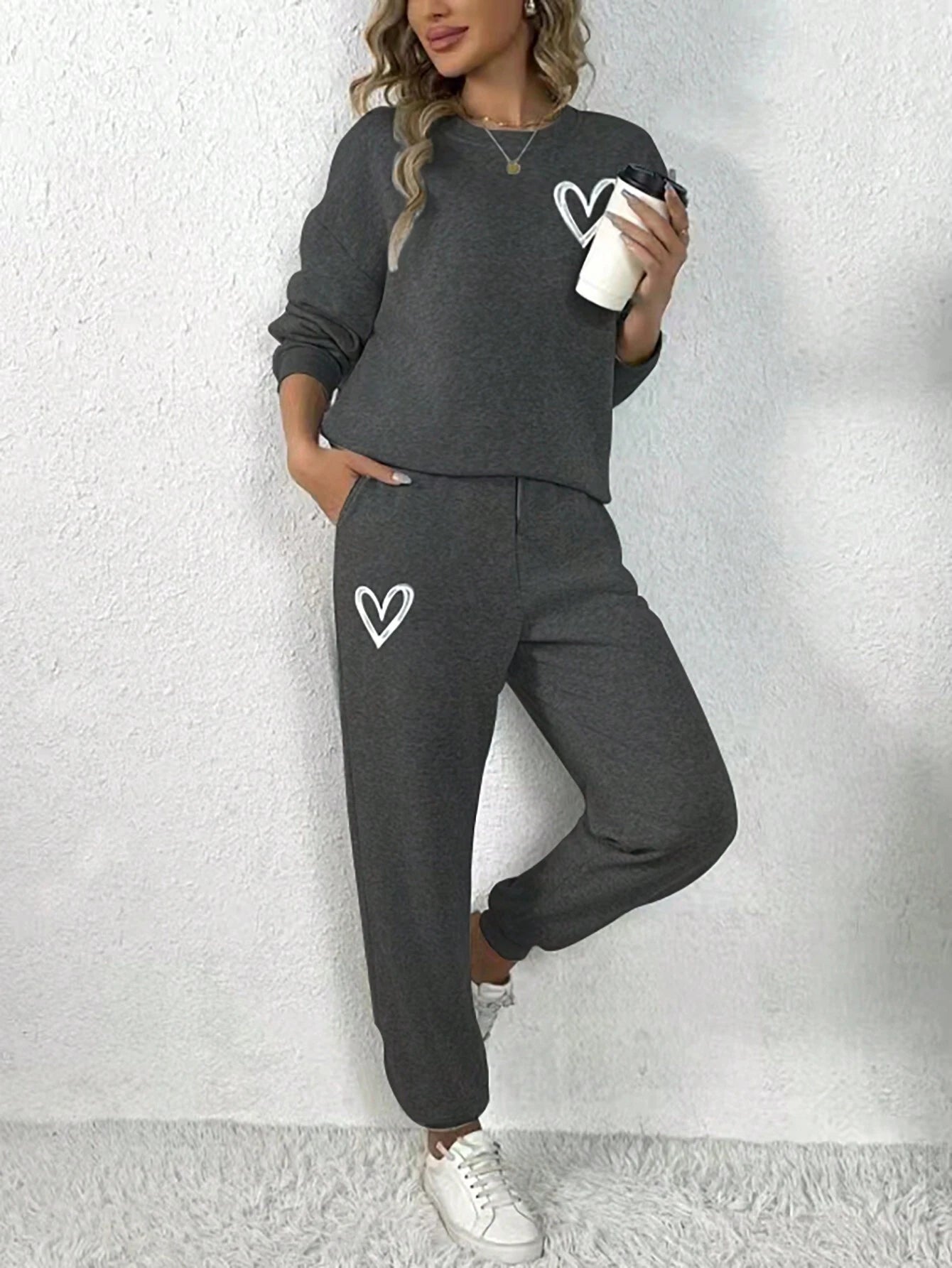 Casual Set - Round Neck Long Sleeve Top & Pocket Pants