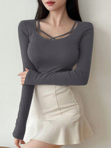 Hollow Out Design Ribbed T-Shirt