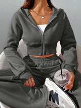 Spring Fashionable Pink Zip Front Hooded Sweatshirt And Pants Two Pieces Set