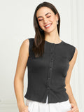 Rib-Knit Open Front Button Sleeveless Cropped Camisole Top