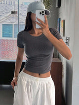 Solid Color Round Neck Short Sleeve Cropped Slim Fit Casual T-Shirt