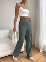 Solid Color High Waist Pockets Straight Loose Casual Pants